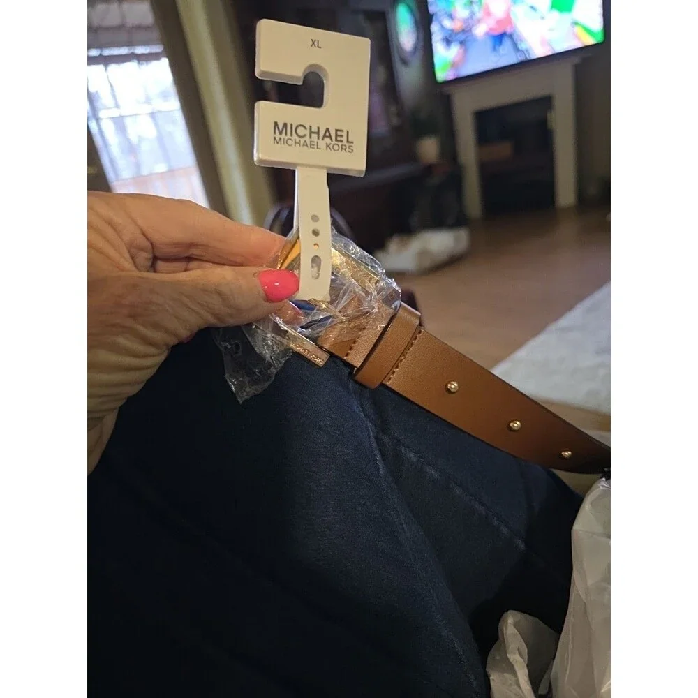 Michael Kors Tan Leather Belt XL Logo Studs Gold Tone Buckle NWT